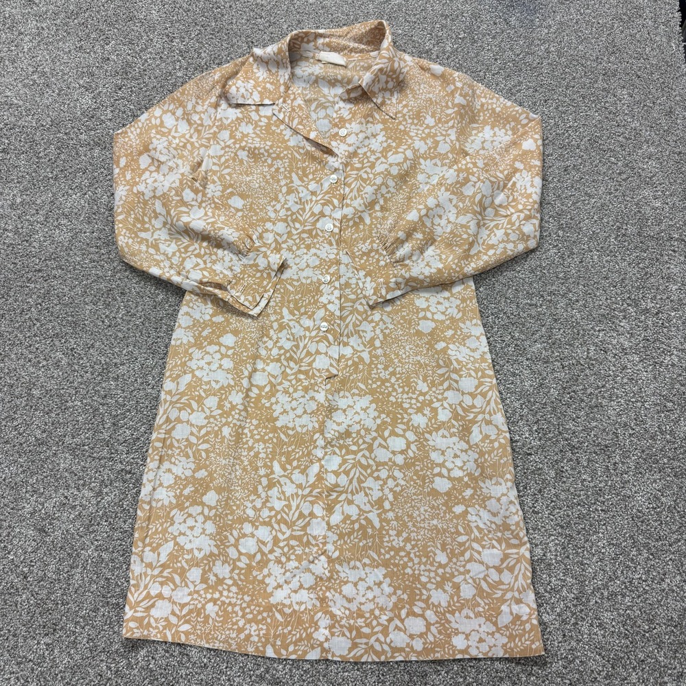 Vintage M C Fashions Dress Womens M Beige Floral Long Sleeve Collared Shirt Knee